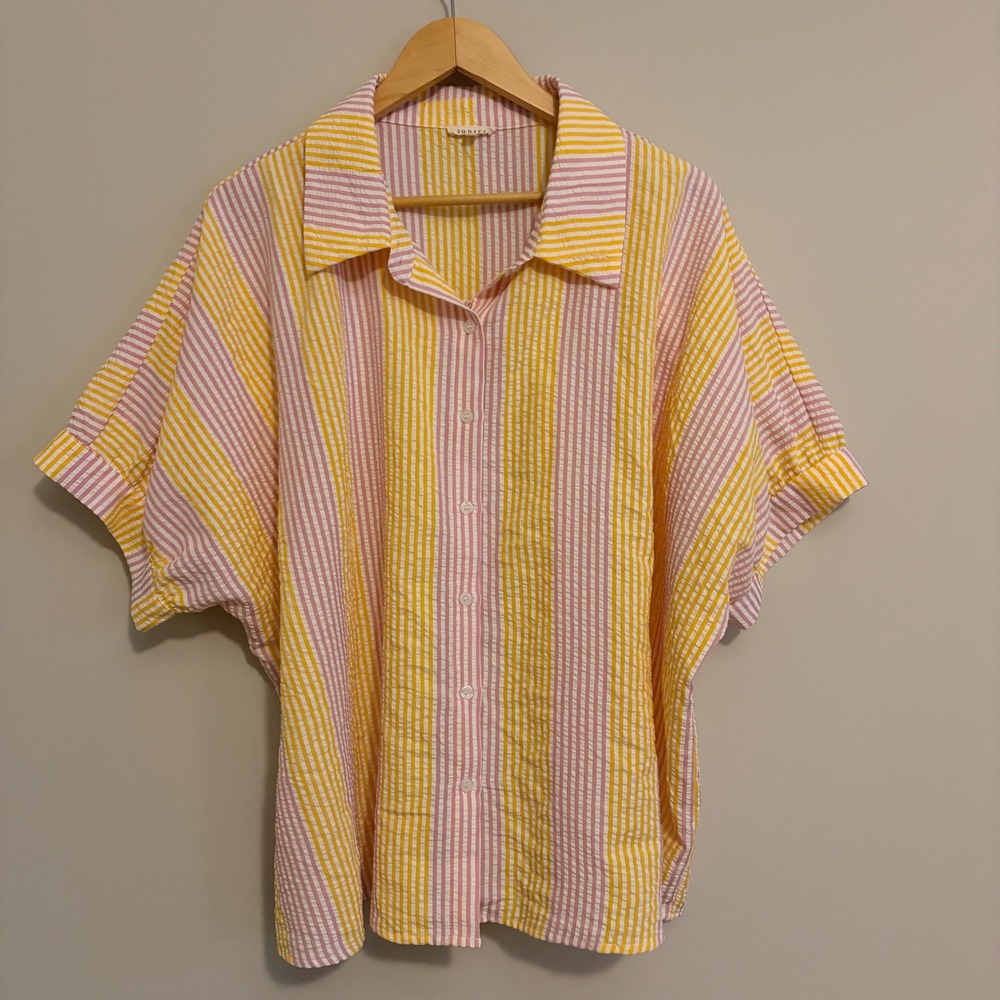 Jodifl Womens 2X Pink Yellow Striped Seersucker Button Down Shirt G9957-5-PLUS